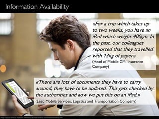 19
Information Availability
«For a trip which takes up
to two weeks, you have an
iPad which weighs 400gm. In
the past, our colleagues
reported that they travelled
with 13kg of paper»
(Head of Mobile CM, Insurance
Company)
«There are lots of documents they have to carry
around, they have to be updated. This gets checked by
the authorities and now we put this on an iPad.»
(Lead Mobile Services, Logistics and Transportation Company)
Image Copyright Samsung Electronics Switzerland, http://www.samsung.com/ch/news/picturelibrary.html
 
