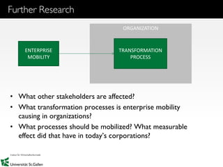 26
Further Research
ORGANIZATION
TRANSFORMATION
PROCESS
ENTERPRISE
MOBILITY
• What other stakeholders are affected?
• What transformation processes is enterprise mobility
causing in organizations?
• What processes should be mobilized? What measurable
effect did that have in today’s corporations?
 