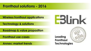 Technology & solutions
Fronthaul solutions - 2016
Annex: market trends
Fronthaul use cases
Wireless fronthaul applications
Roadmap & value proposition
Leading
Fronthaul
Technologies
 