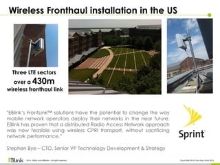 “EBlink’s FrontLink™ solutions have the potential to change the way
mobile network operators deploy their networks in the near future.
EBlink has proven that a distributed Radio Access Network approach
was now feasible using wireless CPRI transport, without sacrificing
network performance.”
Stephen Bye – CTO, Senior VP Technology Development & Strategy
Three LTE sectors
over a 430m
wireless fronthaul link
Wireless Fronthaul installation in the US
2014 - EBlink and affiliates - all rights reserved Cloud RAN 2014- Paris May 22nd 2014
 