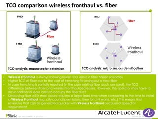 TCO comparison wireless fronthaul vs. fiber
Fiber
Fiber
Wireless
fronthaul
Wireless
fronthaul
TCO analysis: macro sector extension TCO analysis: micro sectors densification
• Wireless Fronthaul is always showing lower TCO versus a fiber based scenarios
• Higher TCO of fiber due to the cost of trenching for laying out a new fiber
• In case trenching is partially required (in the case existing fiber ducts are used), the TCO
difference between fiber and wireless fronthaul decreases. However, the operator may have to
incur additional lease costs to occupy the fiber duct
• Deploying fiber will in most cases required a larger lead time when comparing to the time to install
a Wireless Fronthaul (e.g. city council permissions, time for civil works, etc.). This means that
revenues that can be generated quicker with Wireless Fronthaul because of speed of
deployment
2014 - EBlink and affiliates - all rights reserved Cloud RAN 2014- Paris May 22nd 2014
 