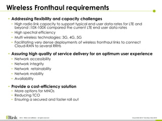 Wireless Fronthaul requirements
2014 - EBlink and affiliates - all rights reserved Cloud RAN 2014- Paris May 22nd 2014
• Addressing flexibility and capacity challenges
• High radio link capacity to support typical end user data rates for LTE and
beyond :10X-100X compared the current LTE end user data rates
• High spectral efficiency
• Multi wireless technologies: 3G, 4G, 5G
• Facilitating very dense deployments of wireless fronthaul links to connect
Cloud-RAN to several RRHs
• Assuring high quality of service delivery for an optimum user experience
• Network accessibility
• Network integrity
• Network retainability
• Network mobility
• Availability
• Provide a cost-efficiency solution
• More options for MNOs
• Reducing TCO
• Ensuring a secured and faster roll out
 