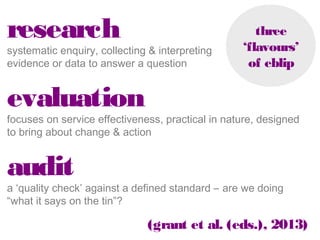 research
systematic enquiry, collecting & interpreting
evidence or data to answer a question

three
‘flavours’
of eblip

evaluation
focuses on service effectiveness, practical in nature, designed to
bring about change & action

audit
a ‘quality check’ against a defined standard – are we doing
“what it says on the tin”?

(grant et al. (eds.), 2013)

 