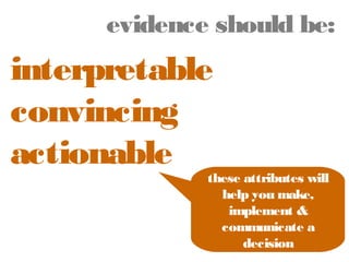 evidence should be:

interpretable
convincing
actionable

these attributes will
help you make,
implement &
communicate a
decision

 