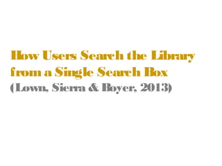 How Users Search the Library
from a Single Search Box
(Lown, Sierra & Boyer, 2013)

 