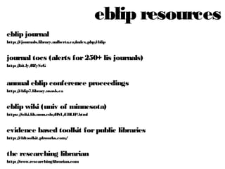 eblip resources
eblip journal
http://ejournals.library.ualberta.ca/index.php/eblip

journal tocs (alerts for 250+ lis journals)
http://bit.ly/RZySzG

annual eblip conference proceedings
http://eblip7.library.usask.ca

eblip wiki (univ of minnesota)
https://wiki.lib.umn.edu/HSL/EBLIP.html

evidence based toolkit for public libraries
http://ebltoolkit.pbworks.com/

the researching librarian
http://www.researchinglibrarian.com

 