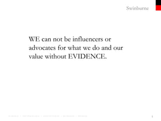 Swinburne
SCIENCE | TECHNOLOGY | INNOVATION | BUSINESS | DESIGN 1
WE can not be influencers or
advocates for what we do and our
value without EVIDENCE.
 
