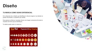 Diseño
TU MARCA COMO SIGNO DIFERENCIAL
Si no dispones de un diseño que identifique tu idea de negocio, tus clientes no
podrán encontrarte, ni entender qué vendes.
Para generar confianza, necesitas ofrecer una imagen coherente allí donde te
muestres de forma que te identifiquen.
Tu diseño puede variar, tu marca no.
 