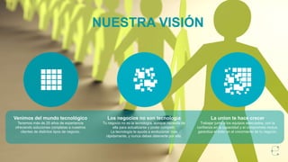 NUESTRA VISIÓN
5
Venimos del mundo tecnológico
Tenemos más de 25 años de experiencia
ofreciendo soluciones completas a nuestros
clientes de distintos tipos de negocio.
Los negocios no son tecnología
Tu negocio no es la tecnología, aunque necesita de
ella para actualizarse y poder competir.
La tecnología te ayuda a evolucionar más
rápidamente, y nunca debes detenerte por ella.
La union te hace crecer
Trabajar junto a los equipos adecuados, con la
confianza en la capacidad y el compromiso mutuo,
garantiza el éxito en el crecimiento de tu negocio.
 