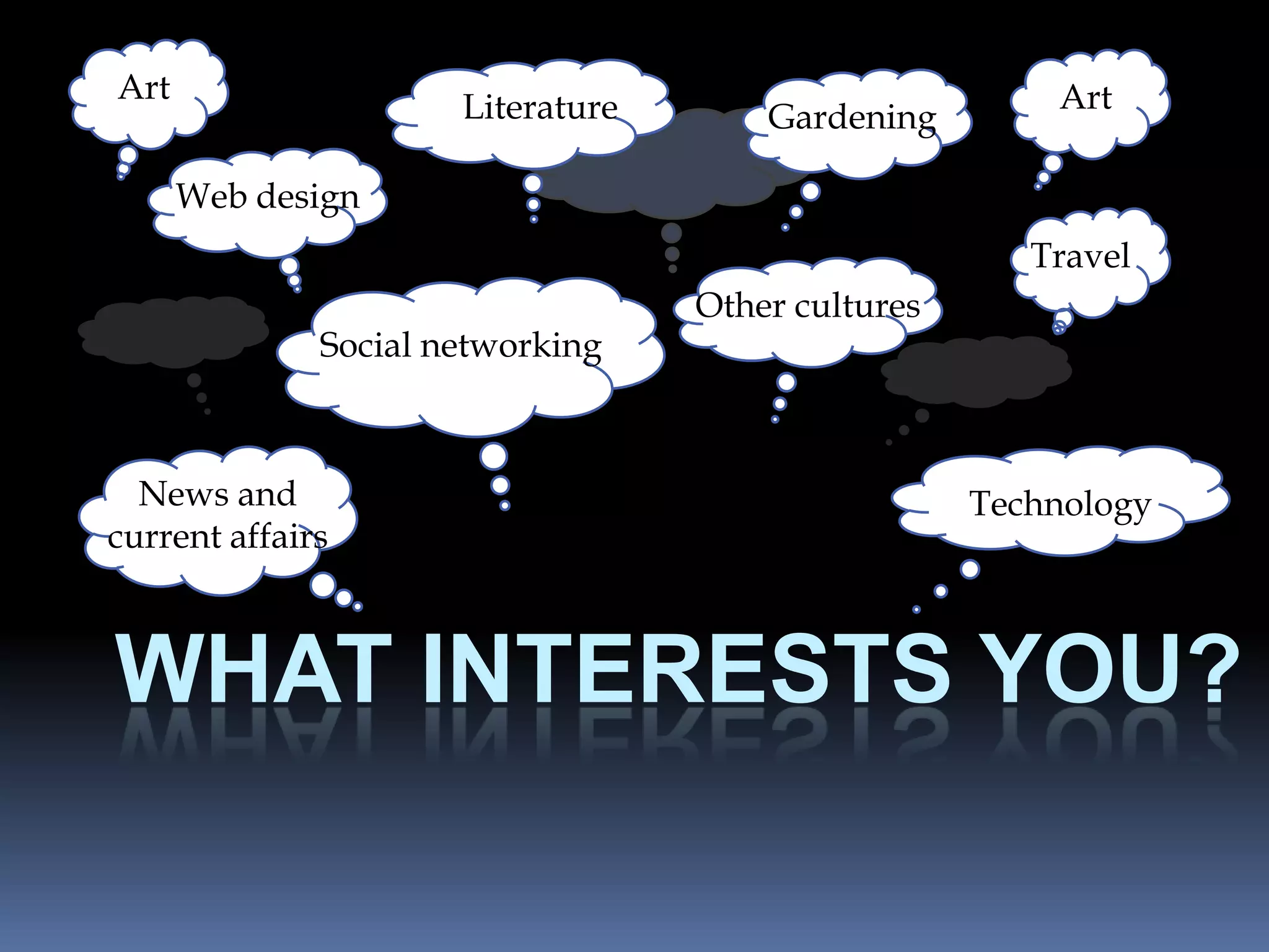 Art                                                        Art
                         Literature       Gardening
                                           Art
      Web design
                   Art
                                                          Travel
                                      Other cultures
              Social networking
                         Art

     Art
  News and                                             Technology
current affairs



WHAT INTERESTS YOU?
 