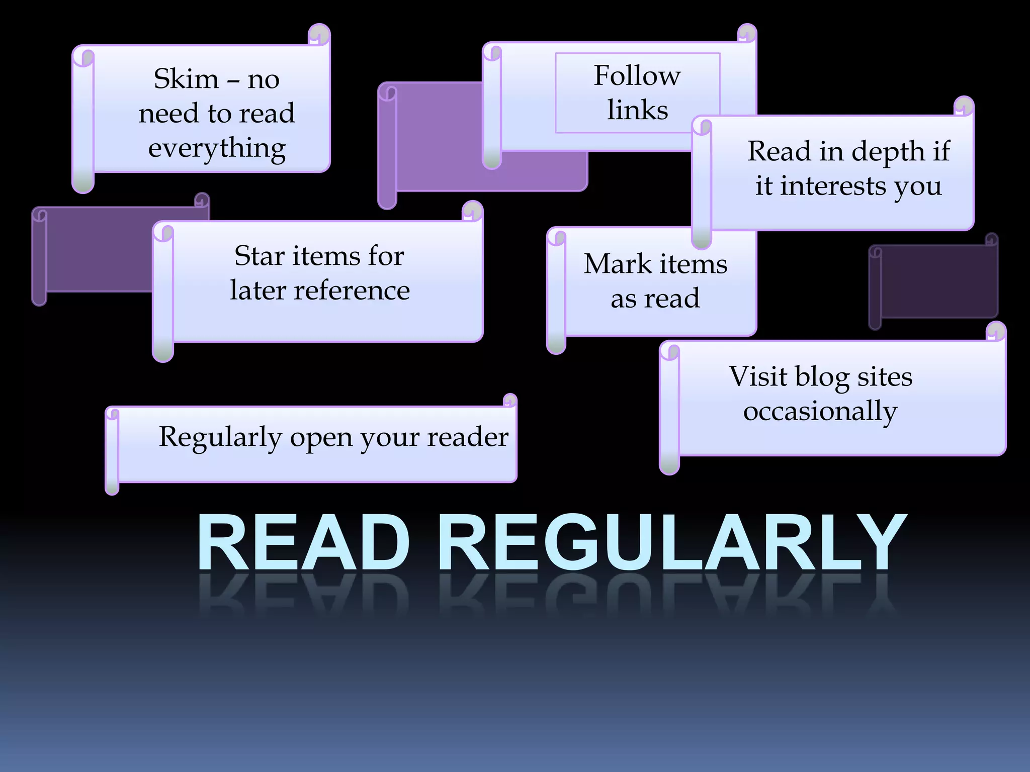 Skim – no                    Follow
need to read                      Art
                               links
 everything                                 Read in depth if
               Art                          it interests you

       Star items for         Mark items
      later reference
                    Art        as read

                                           Visit blog sites
                                            occasionally
 Regularly open your reader



    READ REGULARLY
 
