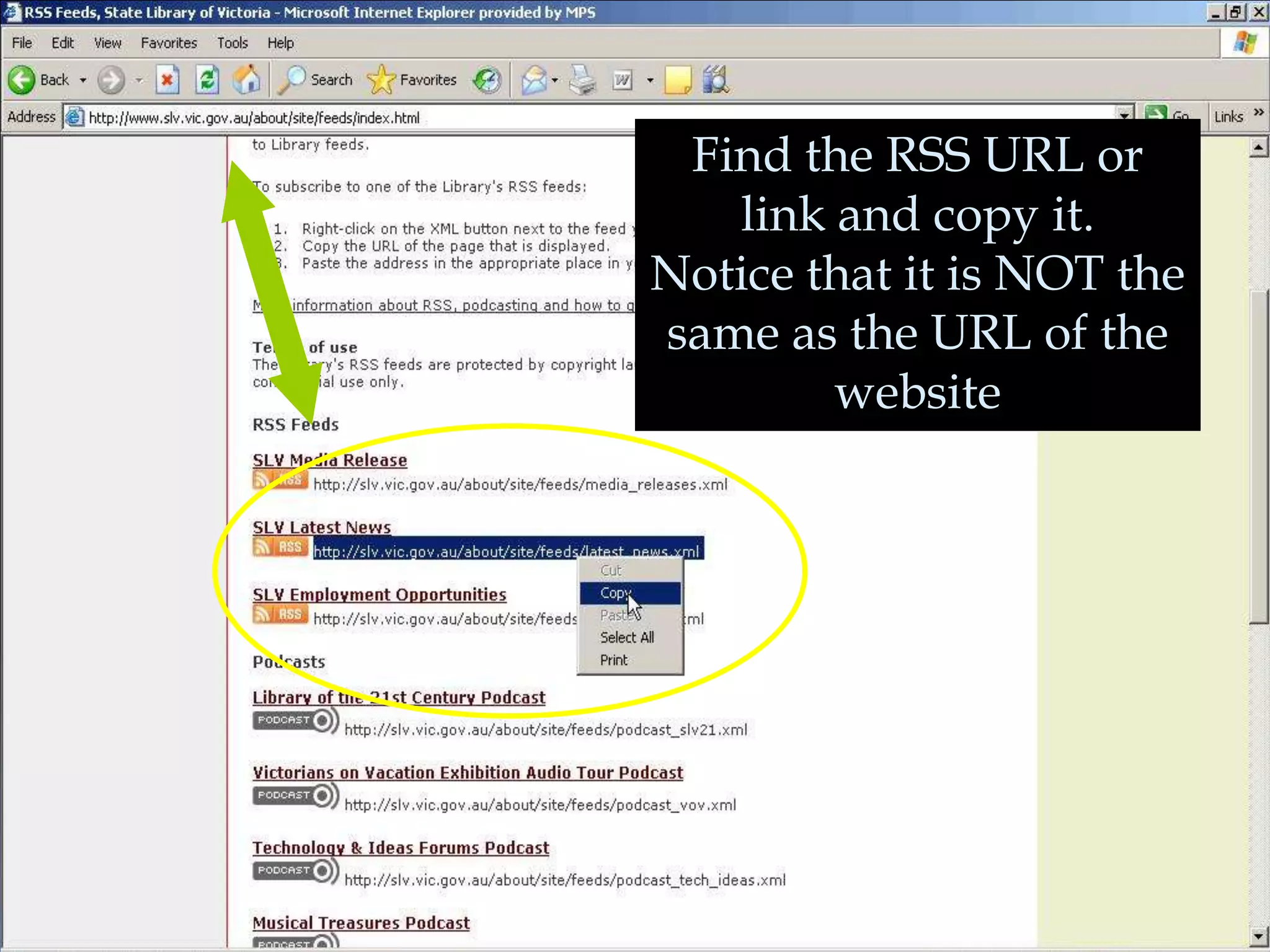 Find the RSS URL or
   link and copy it.
Notice that it is NOT the
same as the URL of the
        website
 
