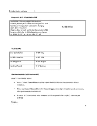 9
CricketStadiaavailable
PROPOSED ADDITIONAL FACILITIES
Mini sports stadium/playgroundforCricket,
Football,Hockey,Basketball,andVolleyball etc.with
facilitiesof mini pavilion,washrooms,changing
room & meetingroom.
(Approx.Costforeachfacility:Landacquisitionof 25
kanalsx 0.5 M = Rs. 12.5 M + Developmentcharges
Rs. 10 M= Rs. 22.5 M x30 nos.= Rs. 675 M)
Rs. 700 Million
TIME FRAME
Site identification By 20th
July
PC-1 Preparation By 30th
July
PC-1 Approval By 20th
August
Contract Award By 5th
October
JAWANMARAKAZ (Special Initiatives)
CONCEPTUALFRAME WORK:
• Youth Centers/JawanMarakazwill be establishedin25districtsforcommunitydriven
initiatives.
• These Marakaz will be establishedinthe existinggovernmentpremiseslike sportscomplexes,
local governmentinstitutionsetc.
• A sumof Rs. 70 millionhasbeenallocatedforthispurpose inthe CFY(Rs.2.8 millionper
district).
Purpose:
 