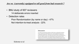 Are we (currently) equipped to tell good from bad research ?
• BMJ study of 607 reviewers
• 14 deliberate errors inserted
• Detection rates
• Poor Randomisation (by name or day) - 47%
• Not intention-to-treat analysis - 22%
Schroter et al
 