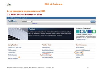 Bibliothèque Interuniversitaire de Santé, Pôle Médecine – Odontologie – 2017 14
EBM et Cochrane
2. Le panorama des ressources EBM
2.1 MEDLINE via PubMed — Suite
 