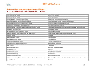 Bibliothèque Interuniversitaire de Santé, Pôle Médecine – Odontologie – 2017 22
EBM et Cochrane
Childhood Cancer Group Cancers de l'enfant
Colorectal Cancer Group Cancer colorectal
Consumers and Communication Group Usagers de soins et communication
Cystic Fibrosis and Genetic Disorders Group Mucoviscidose et autres maladies génétiques
Dementia and Cognitive Improvement Group Démence et autres troubles cognitifs
Depression, Anxiety and Neurosis Group Dépression, anxiété, névrose
Developmental, Psychosocial and Learning Problems Group Troubles du développement, de l'apprentissage et psychosociaux
Drugs and Alcohol Group Drogues et alcool
Ear, Nose and Throat Disorders Group Otorhinolaryngologie
Effective Practice and Organisation of Care Group Efficacité des pratiques et organisation des soins
Epilepsy Group Epilepsie
Eyes and Vision Group Ophtalmologie
Fertility Regulation Group Contraception
Gynaecological Cancer Group Cancers gynécologiques
Haematological Malignancies Group Hémopathies malignes
Heart Group Cardiologie
Hepato-Biliary Group Affections hépato-biliaires
HIV/AIDS Group VIH/sida
Hypertension Group Hypertension artérielle
Incontinence Group Incontinence
Infectious Diseases Group Maladies infectieuses
Inflammatory Bowel Disease and Functional Bowel Disorders Group Maladies inflammatoires de l'intestin, troubles fonctionnels intestinaux
Injuries Group Blessures
3. La recherche avec Cochrane Library
3.1 La Cochrane Collaboration — Suite
 