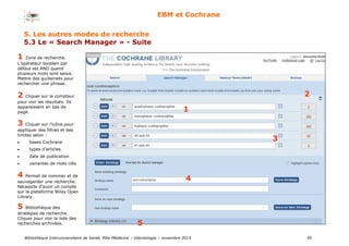 Bibliothèque Interuniversitaire de Santé, Pôle Médecine – Odontologie – 2017 39
EBM et Cochrane
1
2
3
4
5
1 Zone de recherche.
L’opérateur booléen par
défaut est AND quand
plusieurs mots sont saisis.
Mettre des guillemets pour
rechercher une phrase.
2 Cliquer sur le compteur
pour voir les résultats. Ils
apparaissent en bas de
page.
3 Cliquer sur l’icône pour
appliquer des filtres et des
limites selon :
 bases Cochrane
 types d’articles
 date de publication
 variantes de mots clés
4 Permet de nommer et de
sauvegarder une recherche.
Nécessite d’avoir un compte
sur la plateforme Wiley Open
Library.
5 Bibliothèque des
stratégies de recherche.
Cliquer pour voir la liste des
recherches archivées.
5. Les autres modes de recherche
5.3 Le « Search Manager » - Suite
 