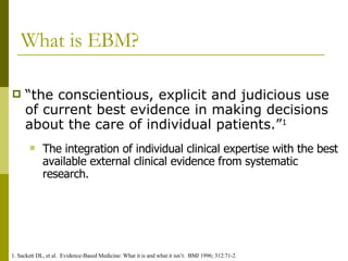 What is EBM? “the conscientious, explicit and judicious use of current best evidence in making decisions about the care of individual patients.” 1 1. Sackett DL, et al.  Evidence-Based Medicine: What it is and what it isn’t.  BMJ 1996; 312:71-2. The integration of individual clinical expertise with the best available external clinical evidence from systematic research. 