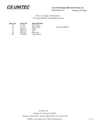 CS UNITEC                                               Core Drill Model EBM 300/3 Parts List
                                                        Product Group: B            Effective: 8/17/2005


                                Prices to change without notice.
                             Not responsible for typographical errors.

 POS. NO.   ITEM NO.       DESCRIPTION
    93      251 646        Water Valve
    95      251 650        Brass Nipple                         Replaces 83000104
    97      80601153       Holder
    98      80601154       LED
    99      80201295       Plastic Nut
   100      73536280       Circuit Board




                                     CS Unitec, Inc.
                             22 Harbor Ave, Norwalk, CT 06850
              Telephone: 203-853-9522 Toll Free: 800-700-5919 Fax: 203-853-9921
                     WebSite: www.csunitec.com E-Mail: info@csunitec.co                                    3   of 3
 