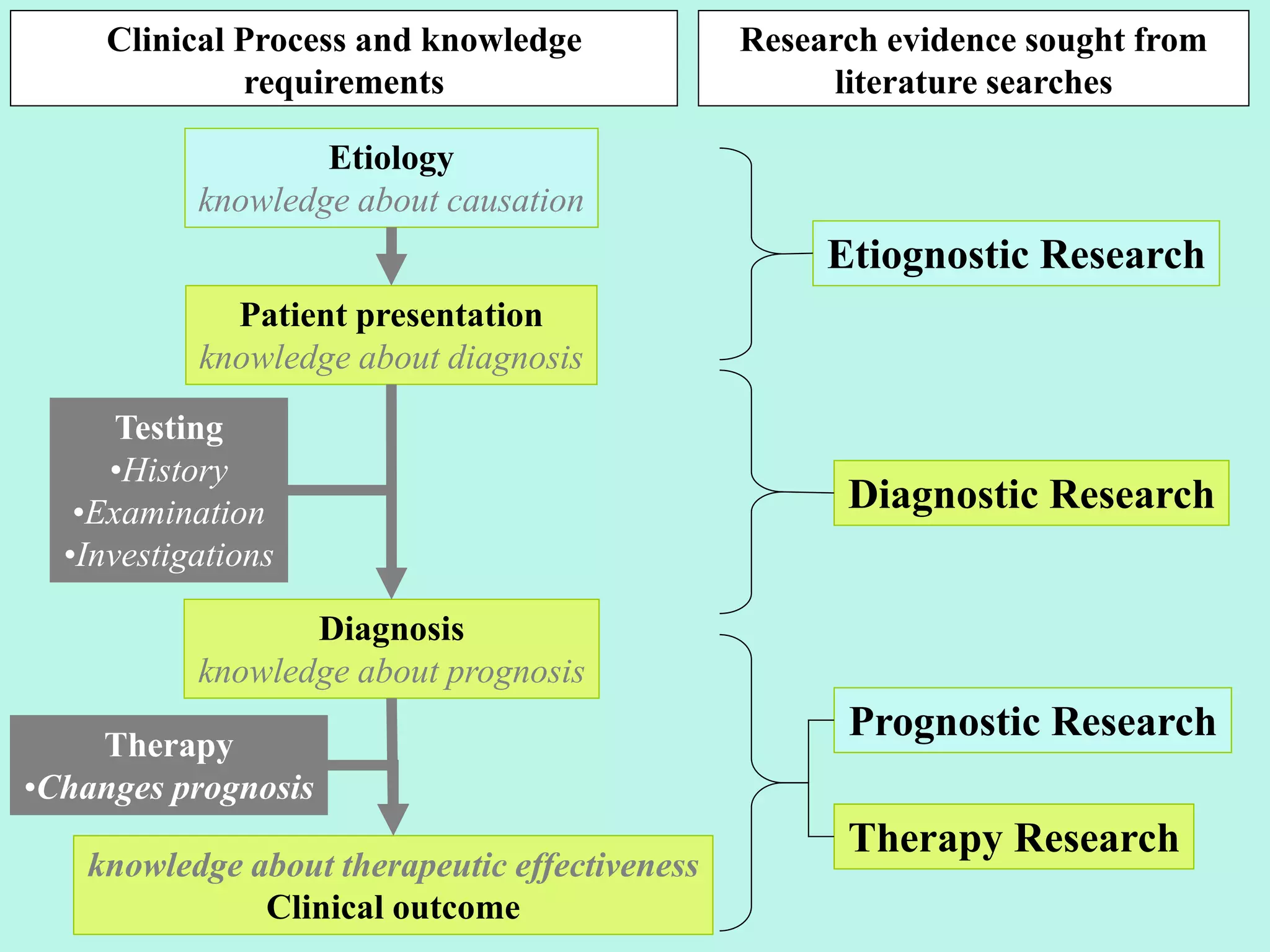 Patient presentation
knowledge about diagnosis
Testing
•History
•Examination
•Investigations
Diagnosis
knowledge about prognosis
Therapy
•Changes prognosis
knowledge about therapeutic effectiveness
Clinical outcome
Etiology
knowledge about causation
Research evidence sought from
literature searches
Clinical Process and knowledge
requirements
Etiognostic Research
Diagnostic Research
Prognostic Research
Therapy Research
 