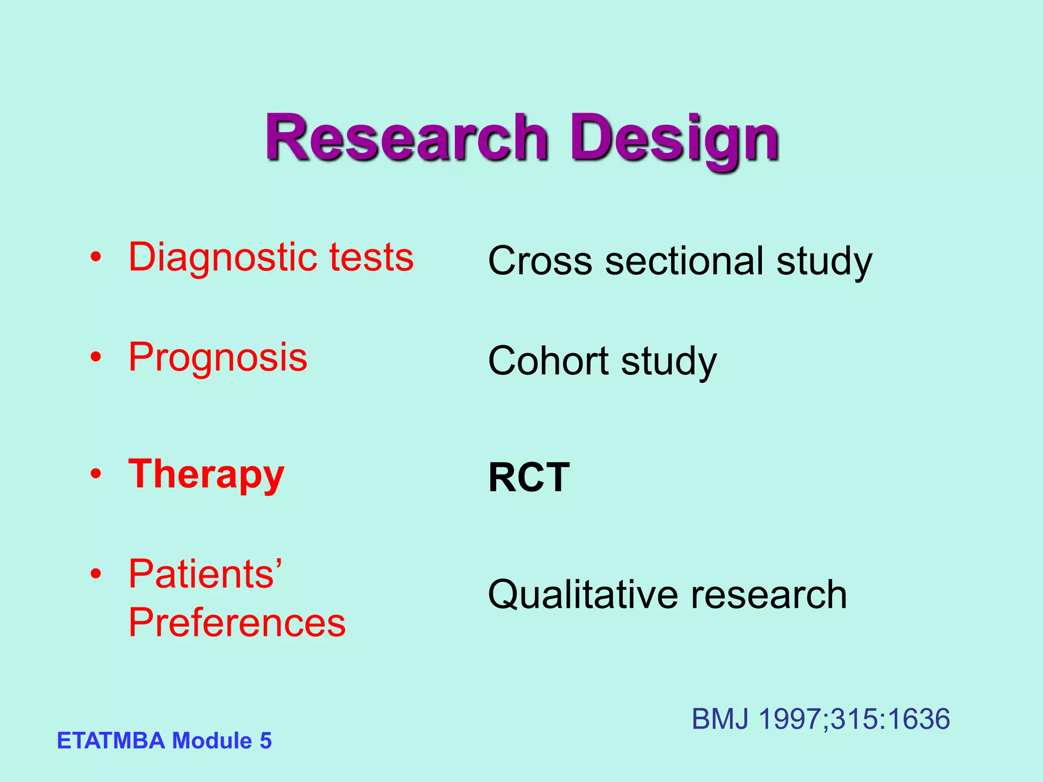 ETATMBA Module 5
Research Design
• Diagnostic tests
• Prognosis
• Therapy
• Patients’
Preferences
Cross sectional study
Cohort study
RCT
Qualitative research
BMJ 1997;315:1636
 