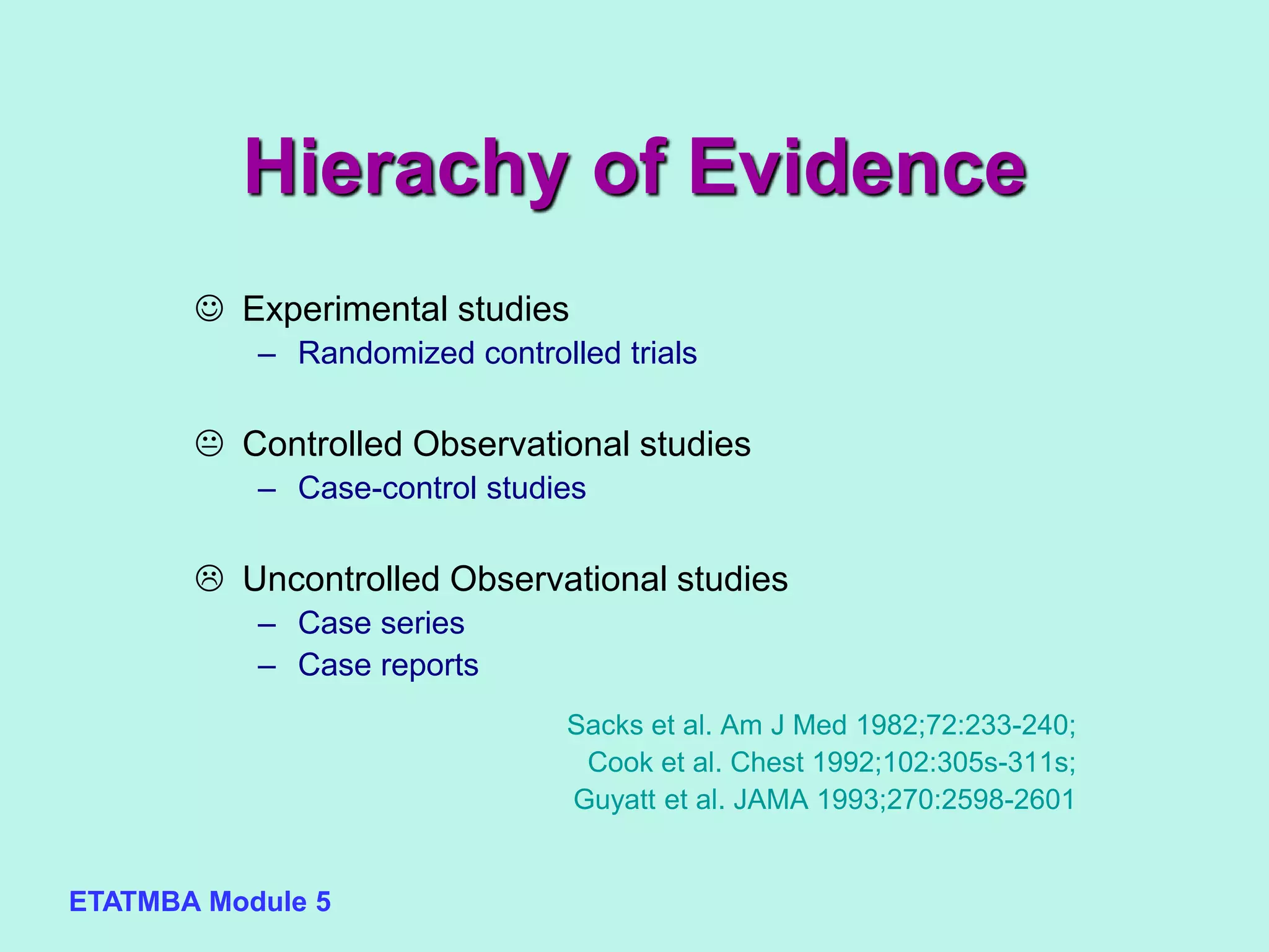 ETATMBA Module 5
 Experimental studies
– Randomized controlled trials
 Controlled Observational studies
– Case-control studies
 Uncontrolled Observational studies
– Case series
– Case reports
Sacks et al. Am J Med 1982;72:233-240;
Cook et al. Chest 1992;102:305s-311s;
Guyatt et al. JAMA 1993;270:2598-2601
Hierachy of Evidence
 