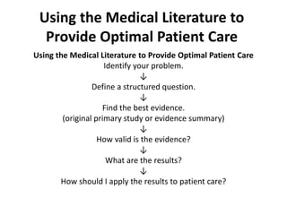 Using the Medical Literature to
Provide Optimal Patient Care
Using the Medical Literature to Provide Optimal Patient Care
Identify your problem.
↓
Define a structured question.
↓
Find the best evidence.
(original primary study or evidence summary)
↓
How valid is the evidence?
↓
What are the results?
↓
How should I apply the results to patient care?
 