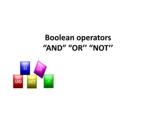 Boolean operators
“AND” “OR’’ “NOT’’
 