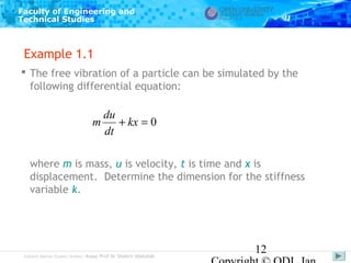 Faculty of Engineering and
Technical Studies

Example 1.1
 The free vibration of a particle can be simulated by the
following differential equation:

du
m
+ kx = 0
dt
where m is mass, u is velocity, t is time and x is
displacement. Determine the dimension for the stiffness
variable k.

Subject Matter Expert/Author: Assoc Prof Dr Shahrir Abdullah

12

 