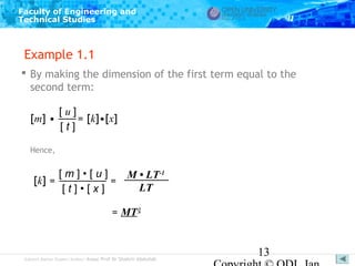 Faculty of Engineering and
Technical Studies

Example 1.1
 By making the dimension of the first term equal to the
second term:
[m] •

[u]
= [k]•[x]
[t]

Hence,

[m]•[u]
[k] =
=
[t]•[x]

M • LT-1
LT

= MT-2

Subject Matter Expert/Author: Assoc Prof Dr Shahrir Abdullah

13

 