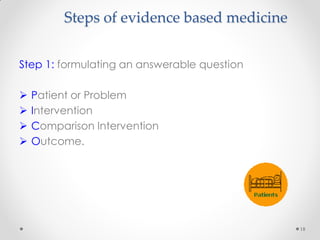 Steps of evidence based medicine
Step 1: formulating an answerable question
 Patient or Problem
 Intervention
 Comparison Intervention
 Outcome.
18
 