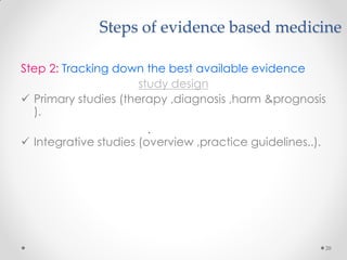 Steps of evidence based medicine
Step 2: Tracking down the best available evidence
study design
 Primary studies (therapy ,diagnosis ,harm &prognosis
).
 Integrative studies (overview ,practice guidelines..).
20
.
 