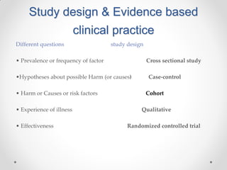 Study design & Evidence based
clinical practice
Different questions study design
• Prevalence or frequency of factor Cross sectional study
•Hypotheses about possible Harm (or causes) Case-control
• Harm or Causes or risk factors Cohort
• Experience of illness Qualitative
• Effectiveness Randomized controlled trial
 
