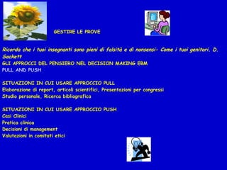 GESTIRE LE PROVE
 
Ricorda che i tuoi insegnanti sono pieni di falsità e di nonsensi- Come i tuoi genitori. D.
Sackett
GLI APPROCCI DEL PENSIERO NEL DECISION MAKING EBM
PULL AND PUSH
 
SITUAZIONI IN CUI USARE APPROCCIO PULL
Elaborazione di report, articoli scientifici, Presentazioni per congressi
Studio personale, Ricerca bibliografica
 
SITUAZIONI IN CUI USARE APPROCCIO PUSH
Casi Clinici
Pratica clinica
Decisioni di management
Valutazioni in comitati etici
 
 