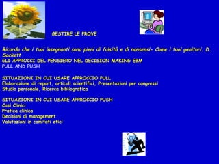                                             GESTIRE LE PROVE   Ricorda che i tuoi insegnanti sono pieni di falsità e di nonsensi- Come i tuoi genitori. D. Sackett GLI APPROCCI DEL PENSIERO NEL DECISION MAKING EBM PULL AND PUSH   SITUAZIONI IN CUI USARE APPROCCIO PULL Elaborazione di report, articoli scientifici, Presentazioni per congressi Studio personale, Ricerca bibliografica   SITUAZIONI IN CUI USARE APPROCCIO PUSH Casi Clinici Pratica clinica Decisioni di management Valutazioni in comitati etici    