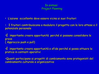 In sintesi: Project Planning L’azione  eccellente deve essere vicina ai suoi fruitori I fruitori contribuiscono a modulare il progetto con le loro attese e il potenziale personale È  importante creare opportunità  perché si possano consolidare le prove ( Approccio push e pull) È  importante creare opportunità e sfide perché si possa attuare la pratica in contesti operativi Quanti partecipano ai progetti di cambiamento sono protagonisti del cambiamento culturale e organizzativo 