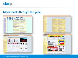 E-Business Managers Platform | September 201212
Marktplaats	
  through	
  the	
  years	
  
»  1999 - 2012
 