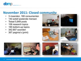 E-Business Managers Platform | September 201217
•  3 maanden, 180 consumenten
•  140 actief postende mensen
•  Totaal 5,849 posts
•  106 research topics
•  185 bottom-up topics
•  342.857 woorden
•  367 paginia’s (print)
	
  
November	
  2011:	
  Closed	
  community	
  
 
