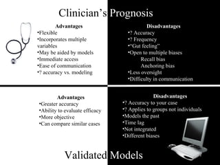 Print separately with above Advantages Flexible Incorporates multiple variables May be aided by models Immediate access Ease of communication ? accuracy vs. modeling Clinician’s  Prognosis Validated  Models Disadvantages ? Accuracy ? Frequency “ Gut feeling” Open to multiple biases Recall bias Anchoring bias Less oversight Difficulty in communication Advantages Greater accuracy Ability to evaluate efficacy More objective Can compare similar cases Disadvantages ? Accuracy to your case ? Applies to groups not individuals Models the past Time lag Not integrated Different biases 
