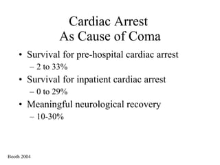 Cardiac Arrest  As Cause of Coma Survival for pre-hospital cardiac arrest 2 to 33% Survival for inpatient cardiac arrest 0 to 29% Meaningful neurological recovery 10-30% Booth 2004 