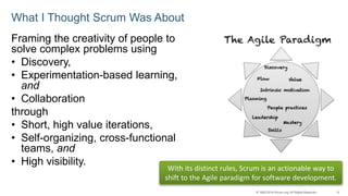 12© 1993-2014 Scrum.org, All Rights Reserved
What I Thought Scrum Was About
Framing the creativity of people to
solve comp...