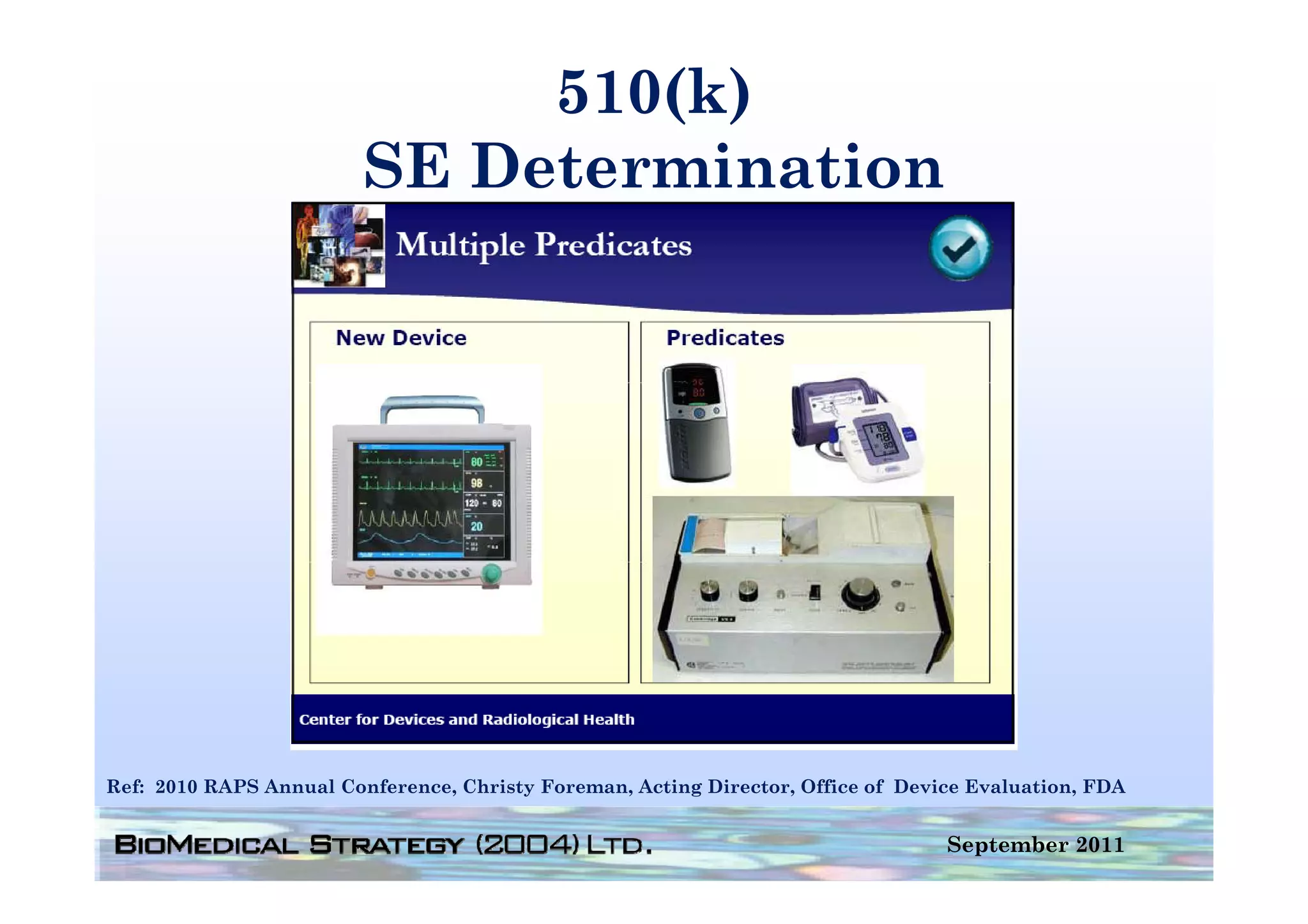 510(k)
                         SE D t
                            Determination
                                   i ti




Ref: 2010 RAPS Annual Conference, Christy Foreman, Acting Director, Office of Device Evaluation, FDA


                                                                                  September 2011
 
