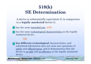 510(k)
        SE Determination
A device is substantially equivalent if, in comparison
to a legally marketed device it:
has the same intended use; AND
has the same technological characteristics as the legally
marketed device,
      OR
has different technological characteristics, and
submitted information does not raise new questions of
safety and effectiveness, and it demonstrates that the
device is as safe and as effective as the legally marketed
device.
d i
                                               September 2011
 