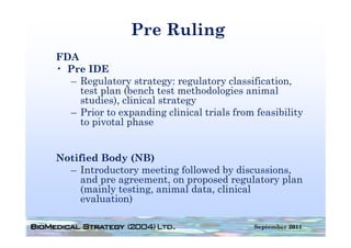 Pre Ruling
FDA
• Pre IDE
  – Regulatory strategy: regulatory classification,
    test plan (
         p    (bench test methodologies animal
                                     g
    studies), clinical strategy
  – Prior to expanding clinical trials from feasibility
    to pivotal phase


Notified Body (NB)
  – Introductory meeting followed by discussions,
     and pre agreement on proposed regulatory plan
             agreement,
     (mainly testing, animal data, clinical
     evaluation)

                                            September 2011
 