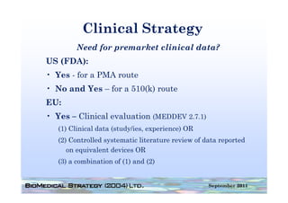 Clinical Strategy
         Need for premarket clinical data?
US (FDA):
• Yes - for a PMA route
• No and Yes – for a 510(k) route
EU:
• Yes – Clinical evaluation (MEDDEV 2.7.1)
   (1) Clinical data (study/ies, experience) OR
   (2) Controlled systematic literature review of data reported
      on equivalent devices OR
            i l     d i
   (3) a combination of (1) and (2)


                                                   September 2011
 