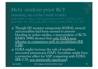 "      Though H2 receptor antagonists (H2RA), antacid
       and sucralfate had been seemed to prevent
       bleeding in earlier studies, a meta-analysis of RCTs
       (JAMA 1996) showed that only H2RA were
       effective in comparison with no prophylaxis (RR
       0.44).
"      H2RA might increase the risk of ventilator
       associated pneumonia (VAP). Sucralfate might have
       a protective effect for VAP comparing with H2RA
       (RR 0.78, not statistically significant).
    Nov. 16 2003    Joint Congress of KSCCM & JSICM in Seoul
 