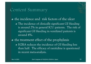 "   the incidence and risk factors of the ulcer
      "   The incidence of clinically significant GI bleeding
          is around 2% in general ICU patients. The risk of
          significant GI bleeding in ventilated patients is
          around 4%.
"   the treatment effect of the prophylaxis
      "   H2RA reduces the incidence of GI bleeding less
          than half. The efficacy of ranitidine is questioned
          in recent meta-analysis.

Nov. 16 2003         Joint Congress of KSCCM & JSICM in Seoul
 
