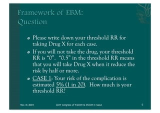 "   Please write down your threshold RR for
          taking Drug X for each case.
      "   If you will not take the drug, your threshold
          RR is “0”. “0.5” in the threshold RR means
          that you will take Drug X when it reduce the
          risk by half or more.
      "   CASE 1: Your risk of the complication is
          estimated 5% (1 in 20). How much is your
          threshold RR?

Nov. 16 2003        Joint Congress of KSCCM & JSICM in Seoul
 