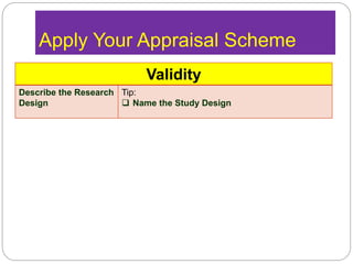 Apply Your Appraisal Scheme
Validity
Describe the Research
Design
Tip:
 Name the Study Design
 