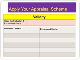 Apply Your Appraisal Scheme
Validity
Copy the Inclusion &
Exclusion Criteria
Inclusion Criteria: Exclusion Criteria:
 